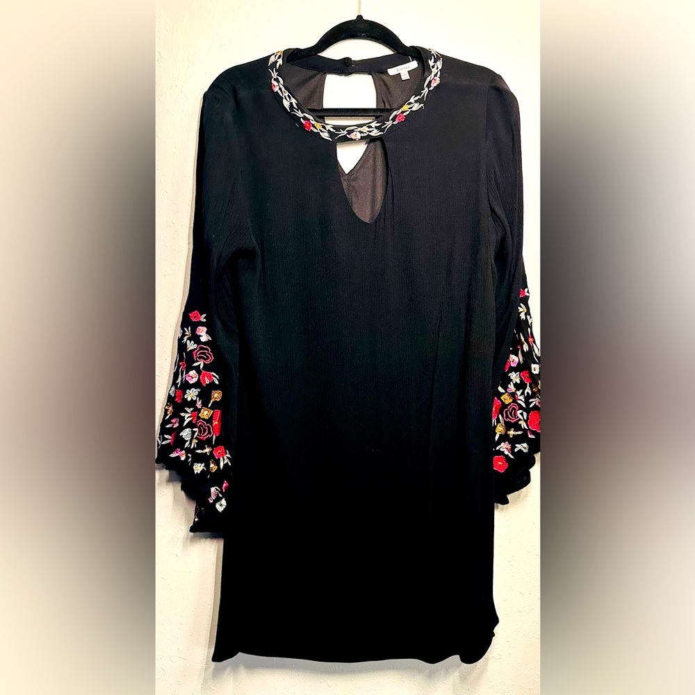 JODIFL Mini Dress - Embroidered Collar and Bell Long Sleeve - Black - L